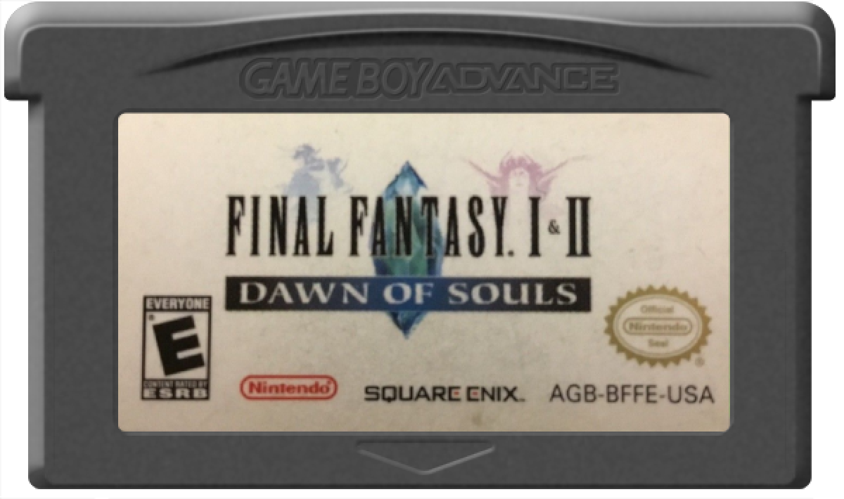 Final Fantasy I & II Dawn of Souls cartridge for the Game Boy Advance featuring classic turn based RPG gameplay with enhanced versions of the original Final Fantasy I and II including updated graphics additional dungeons and quality of life improvements cartridge