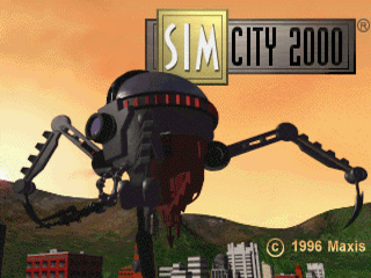 SimCity 2000 for PlayStation 1, title screen for a city-building simulation video game with urban planning, resource management, infrastructure development, and classic strategy gameplay