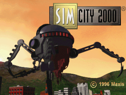 SimCity 2000 for PlayStation 1, title screen for a city-building simulation video game with urban planning, resource management, infrastructure development, and classic strategy gameplay