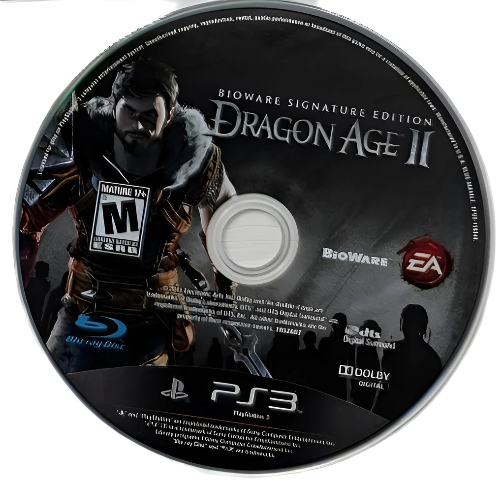 Dragon Age II BioWare Signature Edition PlayStation 3 PS3 video game featuring action role playing gameplay Hawke character fantasy adventure party combat character customization quests dialogue choices tactical battles exploration and BioWare Signature Edition collectible gaming appeal retro video game collection collectible gaming appeal game disc
