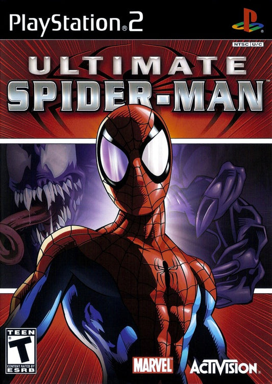 Ultimate Spider-Man PlayStation 2 PS2 for action adventure video game fans featuring open world superhero gameplay web swinging exploration intense combat missions Marvel characters Venom storyline comic book inspired visuals city traversal special abilities and cinematic storytelling collectible gaming appeal front cover