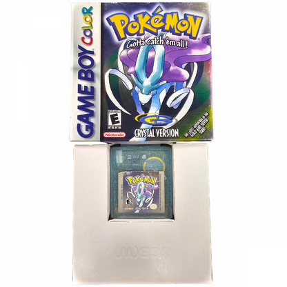 Pokémon Crystal CIB Game Boy Color GBC for role playing video game fans featuring Pokémon catching and training Johto region exploration turn based battles Gym Leaders Elite Four animated Pokémon battles Suicune encounters Battle Tower trading and classic Game Boy Color gameplay collectible retro gaming appeal game box packaging