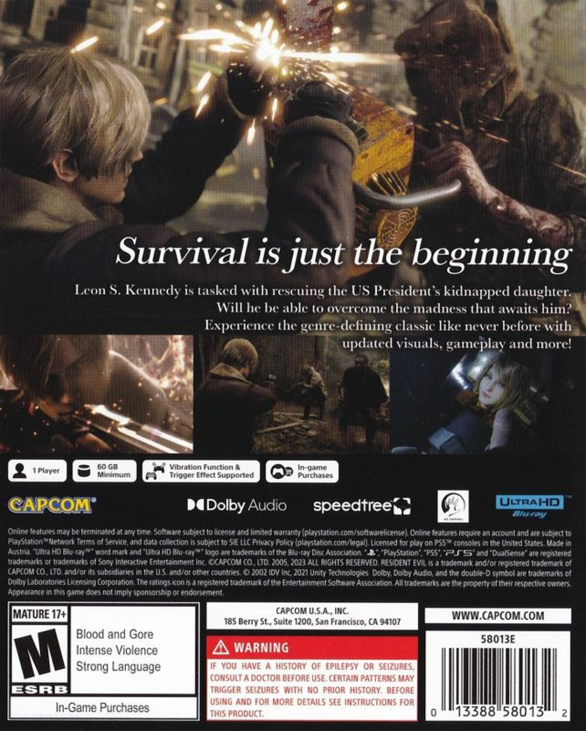 Resident Evil 4 back cover for Playstation 5 video game. 