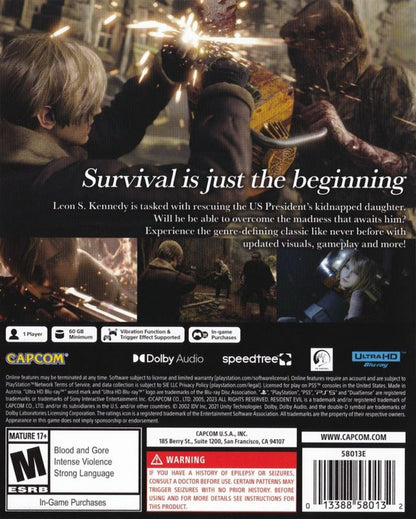 Resident Evil 4 back cover for Playstation 5 video game. 