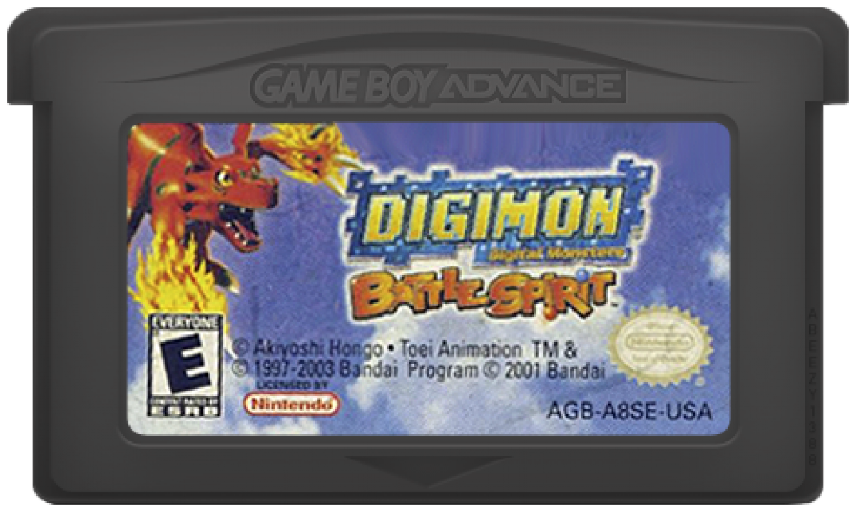 Digimon Battle Spirit cartridge for the Game Boy Advance featuring fighting game gameplay with digital monsters collectible abilities arena battles and multiplayer combat based on the Digimon anime series cartridge