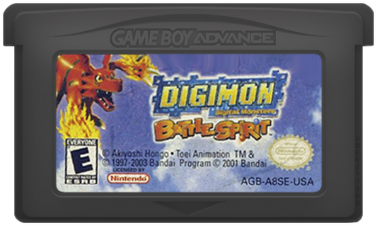 Digimon Battle Spirit cartridge for the Game Boy Advance featuring fighting game gameplay with digital monsters collectible abilities arena battles and multiplayer combat based on the Digimon anime series cartridge