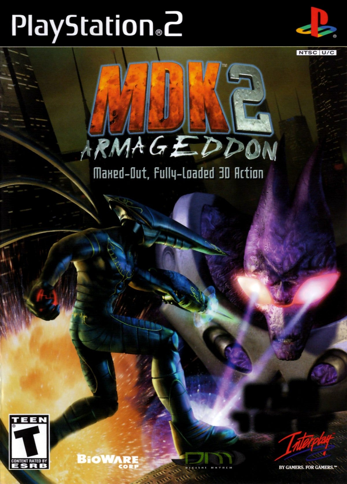 MDK 2 Armageddon PS2 Sony PlayStation 2 action shooter platformer sci fi third person combat quirky humor multiple playable characters sniper gameplay puzzle solving alien invasion story BioWare fast paced action retro gaming PlayStation 2 software video game title cover art