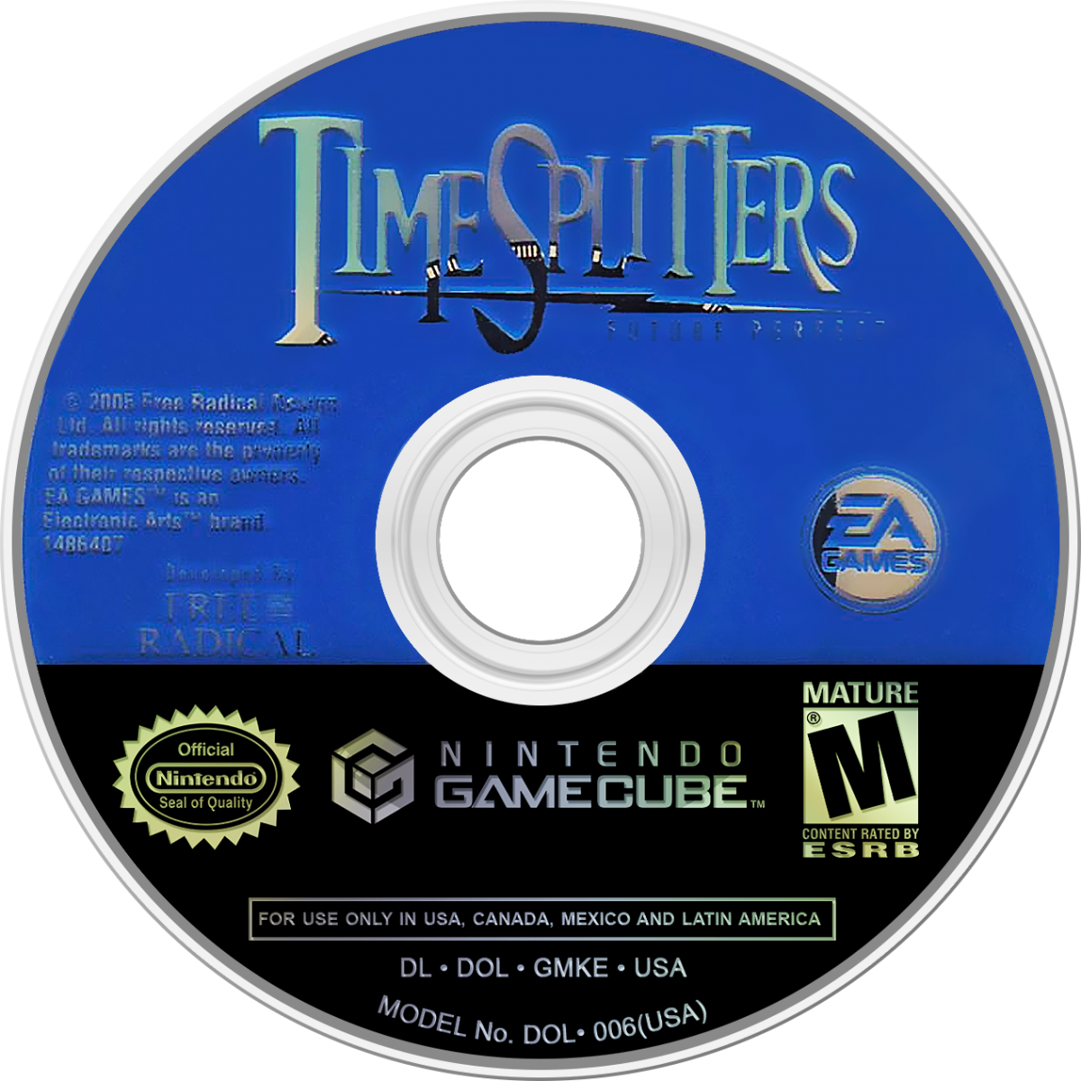 TimeSplitters Future Perfect game for the Nintendo GameCube featuring first person shooter gameplay with time travel themed missions cooperative story mode multiplayer options and arcade style combat across varied historical and futuristic settings disc