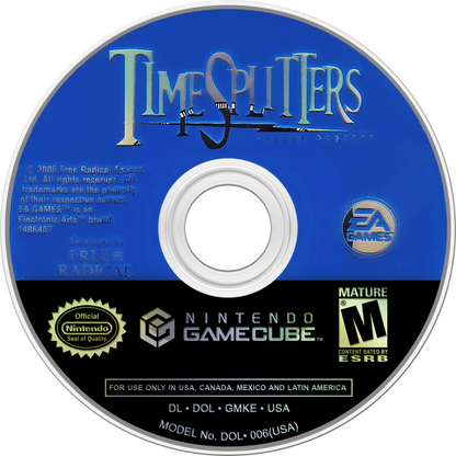 TimeSplitters Future Perfect game for the Nintendo GameCube featuring first person shooter gameplay with time travel themed missions cooperative story mode multiplayer options and arcade style combat across varied historical and futuristic settings disc
