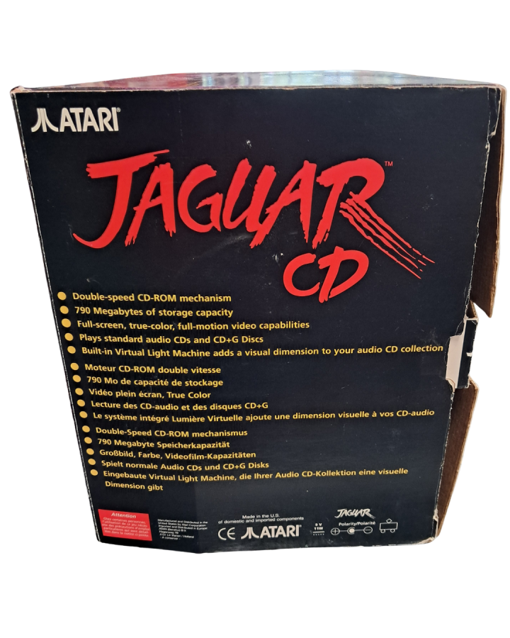 Retro Atari Jaguar CD System complete in box inspired design featuring rare retro gaming hardware aesthetic vintage multimedia console add on compact disc technology futuristic 90s gaming innovation collectible classic gaming presentation box side