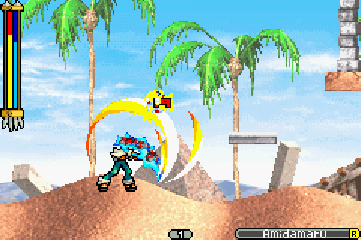 Shaman King Master of Spirits 2 for Game Boy Advance (GBA), gameplay for a retro video game featuring action platforming gameplay, spirit-based combat, anime-inspired storyline, character progression, and side-scrolling adventure