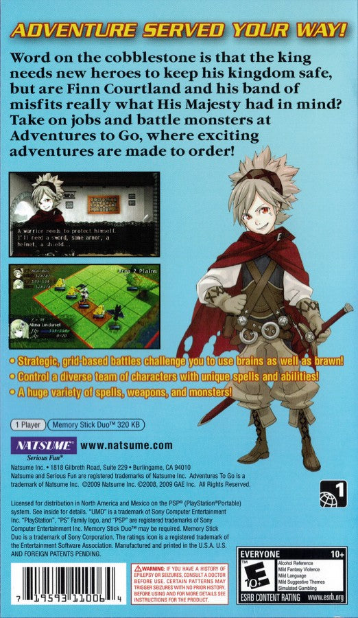 Adventures to Go – PlayStation Portable (PSP) back of case for turn-based role-playing video game