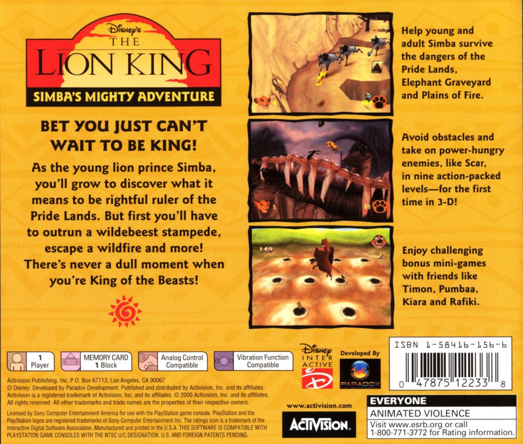 The Lion King Simba's Mighty Adventure Collector’s Edition game for the PlayStation featuring action adventure gameplay with platforming elements as players control Simba through levels based on The Lion King and The Lion King II with puzzle solving combat and story driven progression back cover