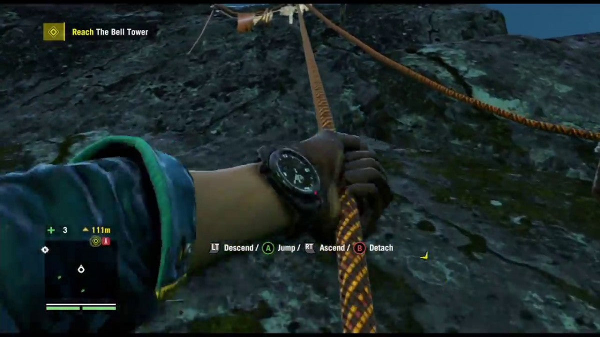 Far Cry 4 Xbox 360 open-world first-person shooter video game Ubisoft Kyrat Himalayas region Pagan Min villain Ajay Ghale protagonist elephant riding wing suit flying grappling hook co-op campaign online multiplayer outpost liberation tower climbing hunting crafting Shangri-La missions psychedelic sequences gameplay screenshot