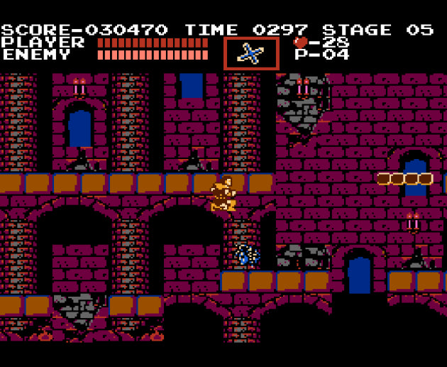 Castlevania cartridge for the Nintendo Entertainment System featuring a gothic 8 bit side scrolling action platformer with vampire hunting gameplay as Simon Belmont battling through Dracula’s castle gameplay