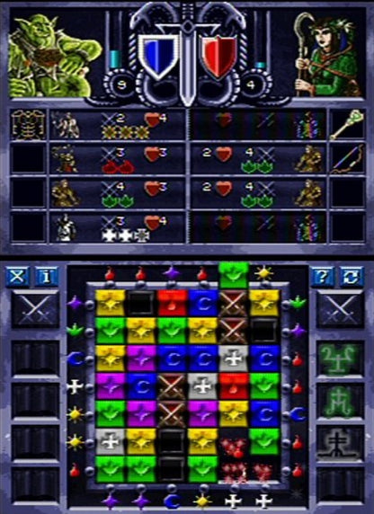 Puzzle Kingdoms Nintendo DS game featuring match three puzzle strategy gameplay with unit based battles resource management and kingdom building elements in a fantasy setting gameplay 