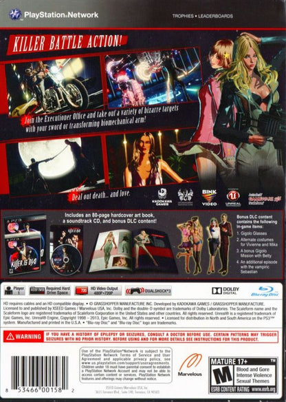 Killer Is Dead PlayStation 3 PS3 for action video game fans featuring fast paced hack and slash combat stylish cel shaded visuals assassins storyline intense boss battles sword fighting unique abilities cinematic gameplay anime inspired action collectible gaming appeal cover back art