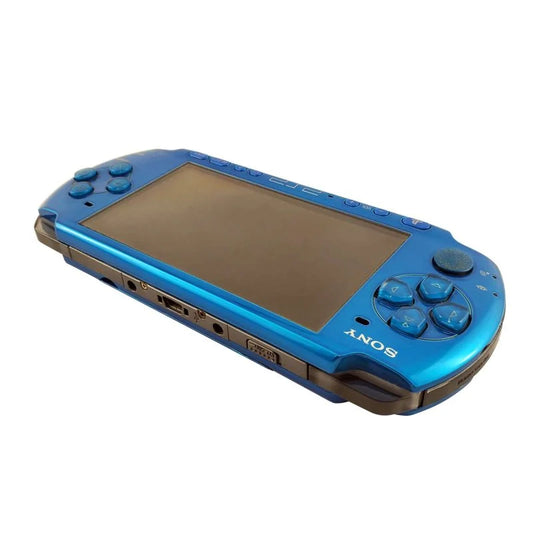 PlayStation Portable 3000 Blue Sony PSP 3000 handheld console in blue color slim portable gaming system UMD disc drive widescreen display WiFi capable retro gaming device top view