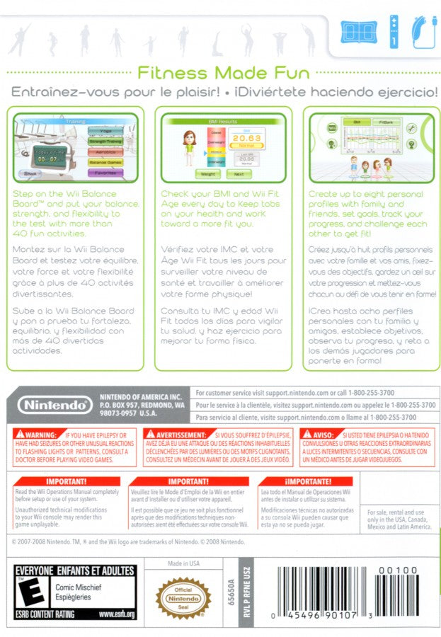 Wii Fit back cover art for Nintendo Wii (Wii) featuring fitness activities with the Wii Balance Board, including yoga, strength training, aerobics, and balance games.
