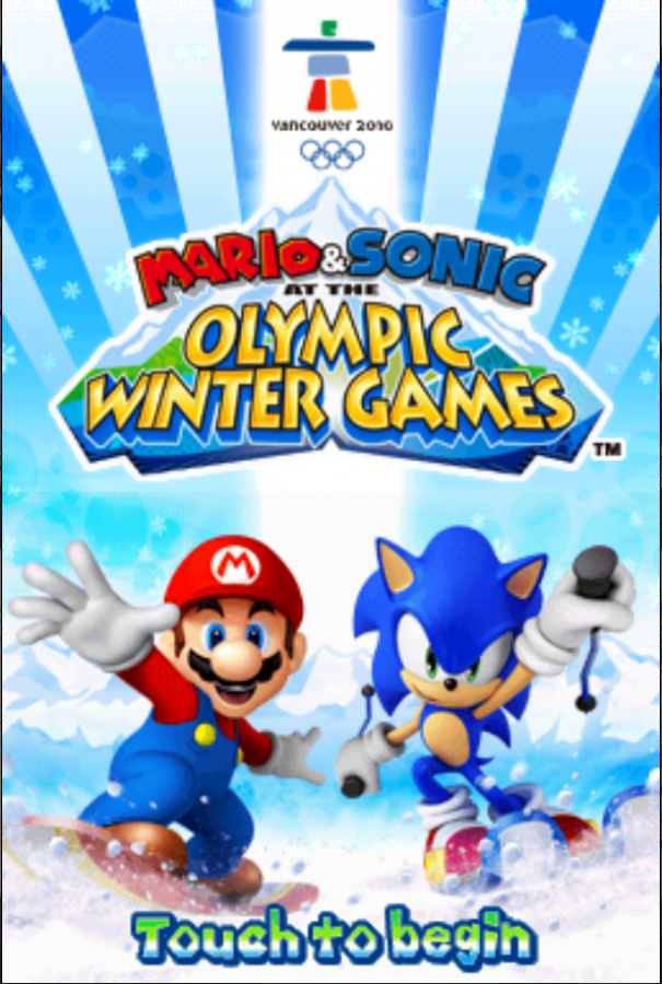 Mario & Sonic at the Olympic Winter Games for Nintendo DS, title screen for a sports party video game with winter Olympic events, mini-games, multiplayer competition, and character-based gameplay