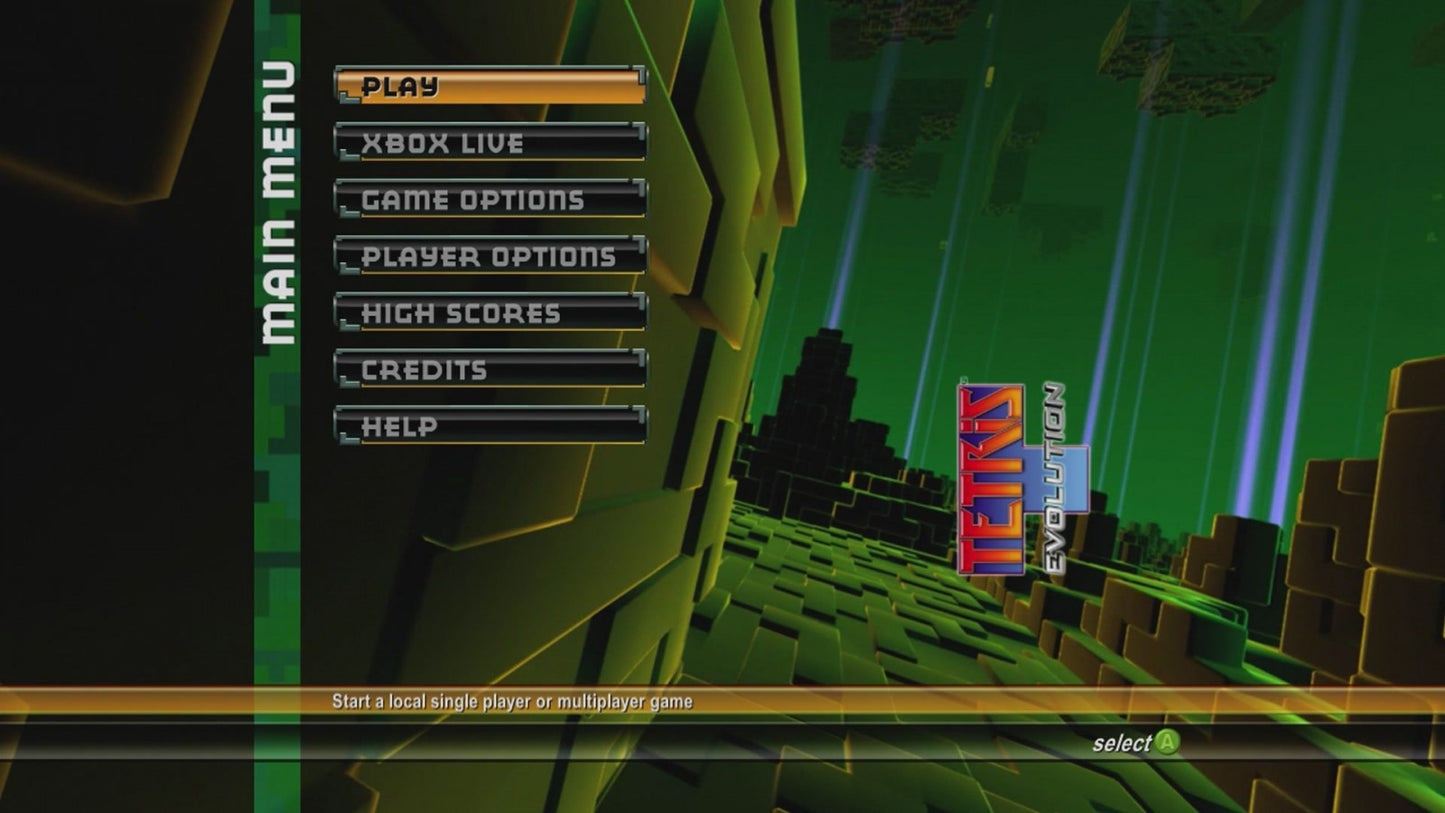 Tetris: Evolution start screen for Xbox 360 (X360) puzzle video game