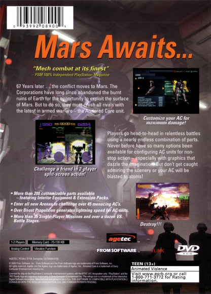 Armored Core 2 for PlayStation 2 (PS2) featuring deep mecha customization as you build and pilot a high-powered AC through intense mercenary missions on a colonized Mars; engage in fast-paced 3D combat and manage heat levels and weaponry to climb the arena ranks in this foundational 32-bit sequel back cover