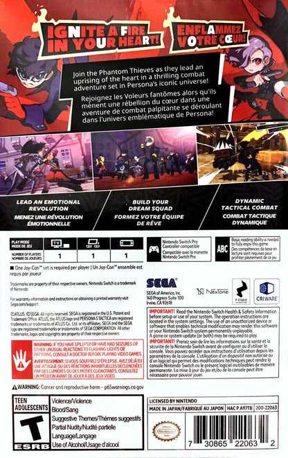 Persona 5 Tactica Nintendo Switch inspired design featuring tactical strategy role playing adventure aesthetic Phantom Thieves squad combat grid based battles stylish anime visuals character driven storytelling turn based gameplay and vibrant fantasy revolution presentation back cover