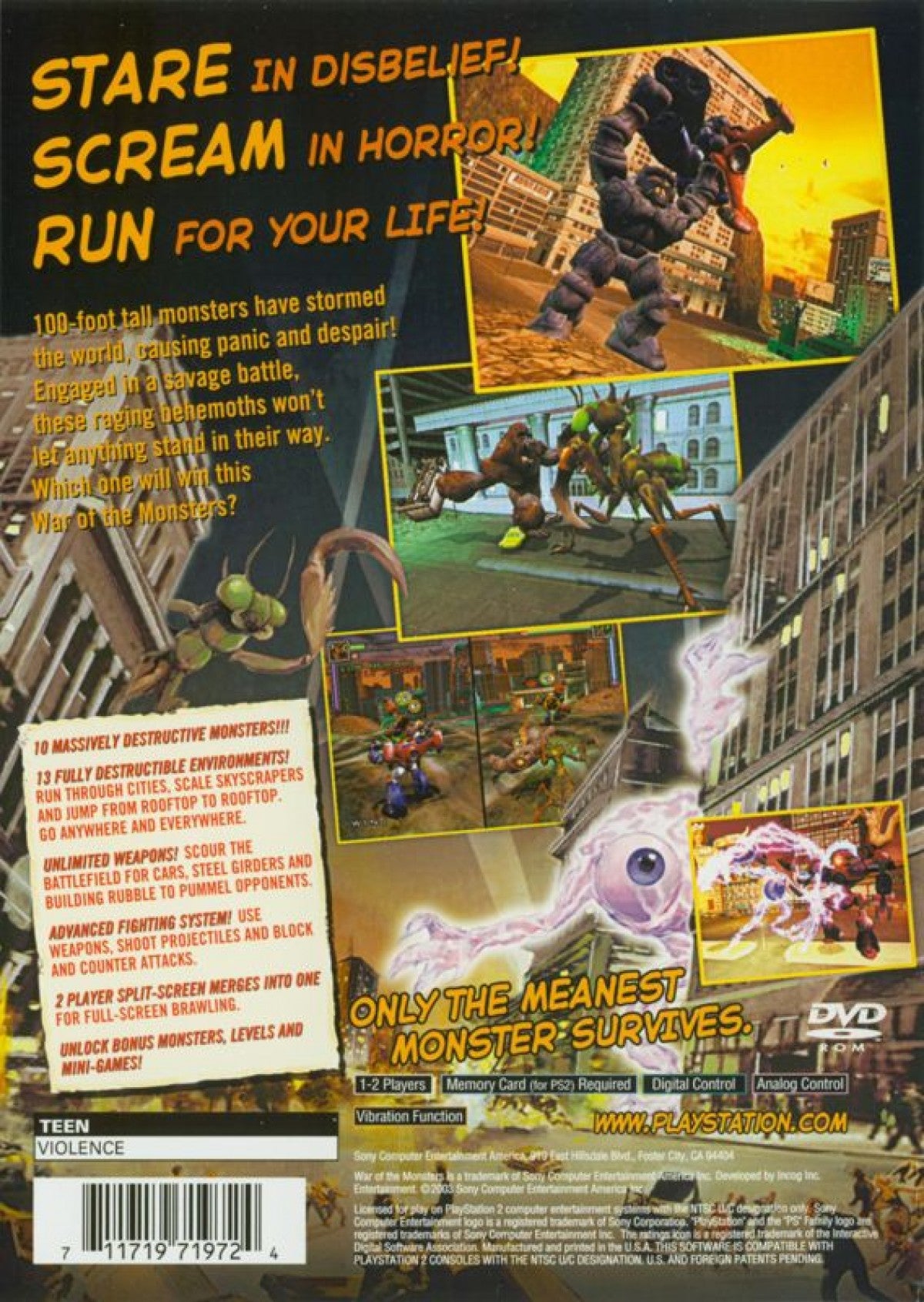 War of the Monsters – PlayStation 2 (PS2) video game back of case, action-fighting.
