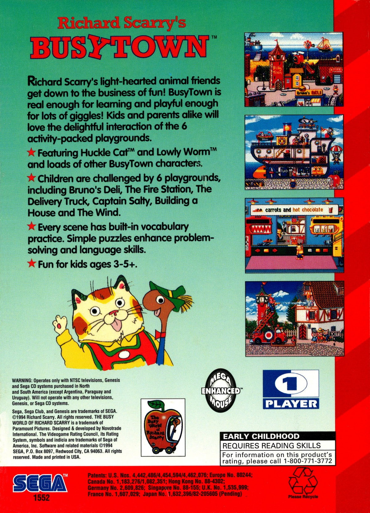 Richard Scarrys BusyTown retro Sega Genesis video game featuring educational gameplay, cartoon adventure action, family friendly activities and classic Genesis entertainment - back of case