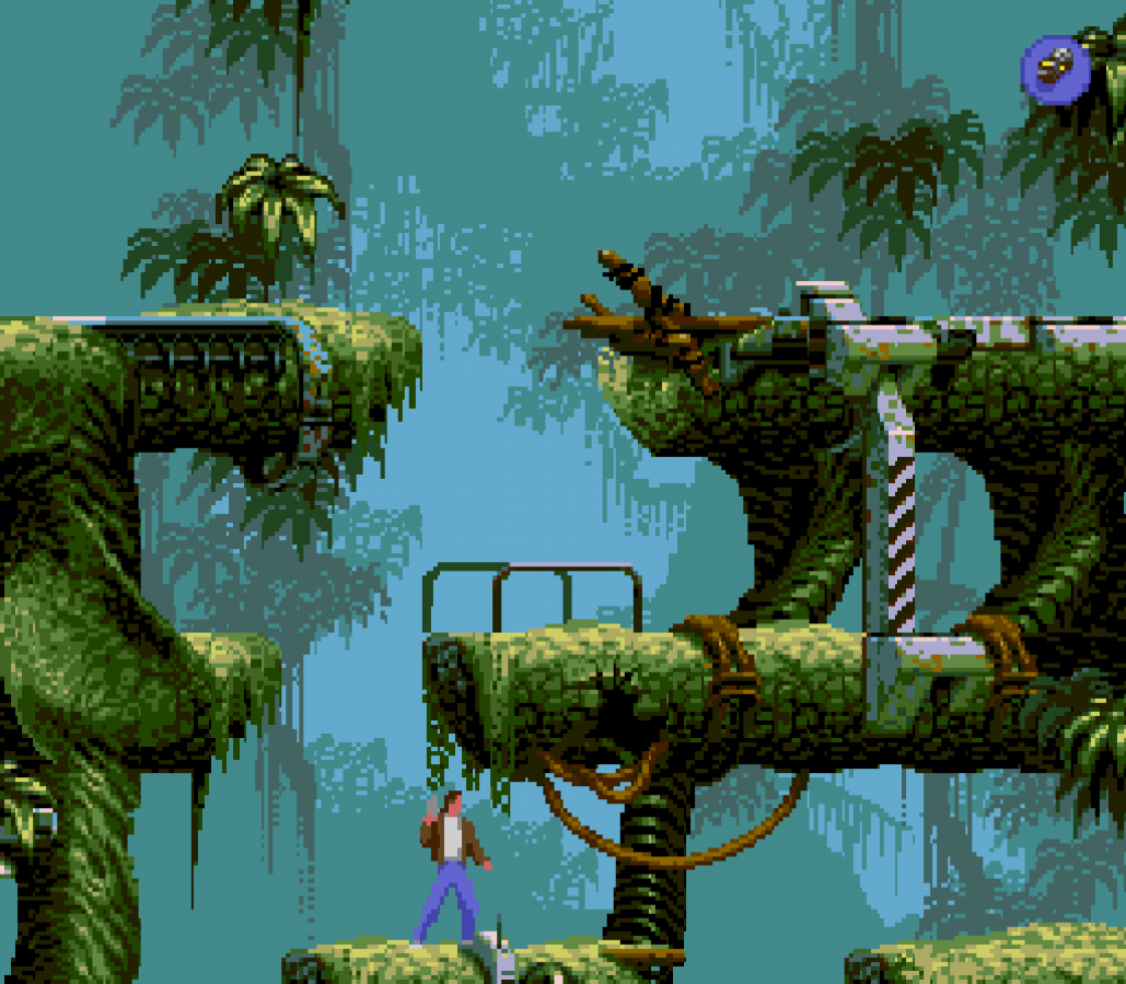 Flashback The Quest for Identity Sega CD cinematic platformer sci fi adventure game rotoscoped animation side scrolling exploration puzzle solving stealth combat amnesia storyline futuristic dystopia Delphine Software retro gaming Sega CD software video game title gameplay