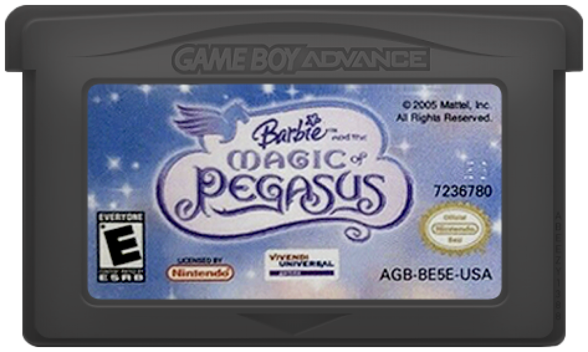 Barbie and the Magic of Pegasus for Game Boy Advance (GBA), cartridge for a retro video game featuring fantasy adventure gameplay, horse riding challenges, puzzle-solving, magical environments, and movie-inspired action