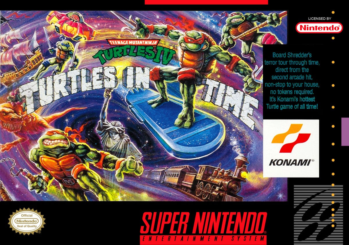 Retro Turtles in Time SNES inspired design featuring classic Teenage Mutant Ninja Turtles beat em up aesthetic side scrolling arcade action time traveling adventure pixel art combat iconic Konami gameplay nostalgic Super Nintendo presentation cover art 
