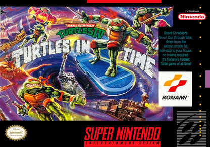 Retro Turtles in Time SNES inspired design featuring classic Teenage Mutant Ninja Turtles beat em up aesthetic side scrolling arcade action time traveling adventure pixel art combat iconic Konami gameplay nostalgic Super Nintendo presentation cover art 