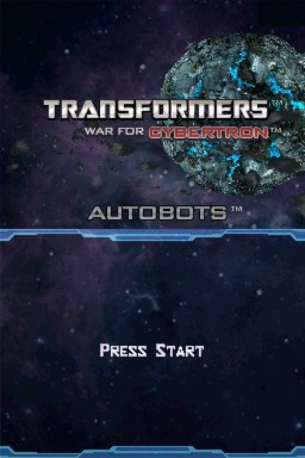 Transformers War for Cybertron Autobots Nintendo DS video game, action shooter, Transformers franchise gameplay, handheld console title main menu