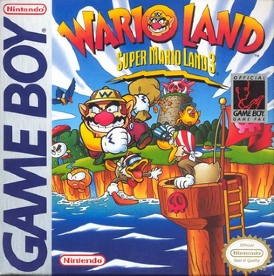 Wario Land Super Mario Land 3 Game Boy GB for retro video game enthusiasts featuring side scrolling platforming gameplay treasure collecting challenging enemy encounters unique power ups creative level design classic Nintendo handheld adventure and collectible gaming appeal front cover 