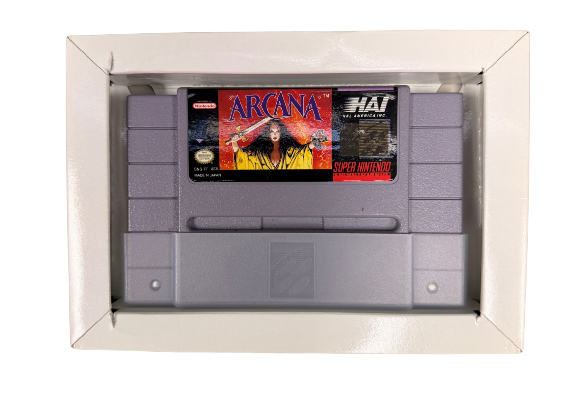 Arcana Super Nintendo SNES retro video game featuring classic fantasy RPG gameplay turn based combat dungeon exploration magic spells and strategic battles. Arcana SNES role playing adventure with collectible retro gaming appeal for Super Nintendo fans and RPG enthusiasts cartridge insert