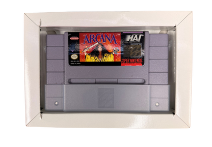 Arcana Super Nintendo SNES retro video game featuring classic fantasy RPG gameplay turn based combat dungeon exploration magic spells and strategic battles. Arcana SNES role playing adventure with collectible retro gaming appeal for Super Nintendo fans and RPG enthusiasts cartridge insert