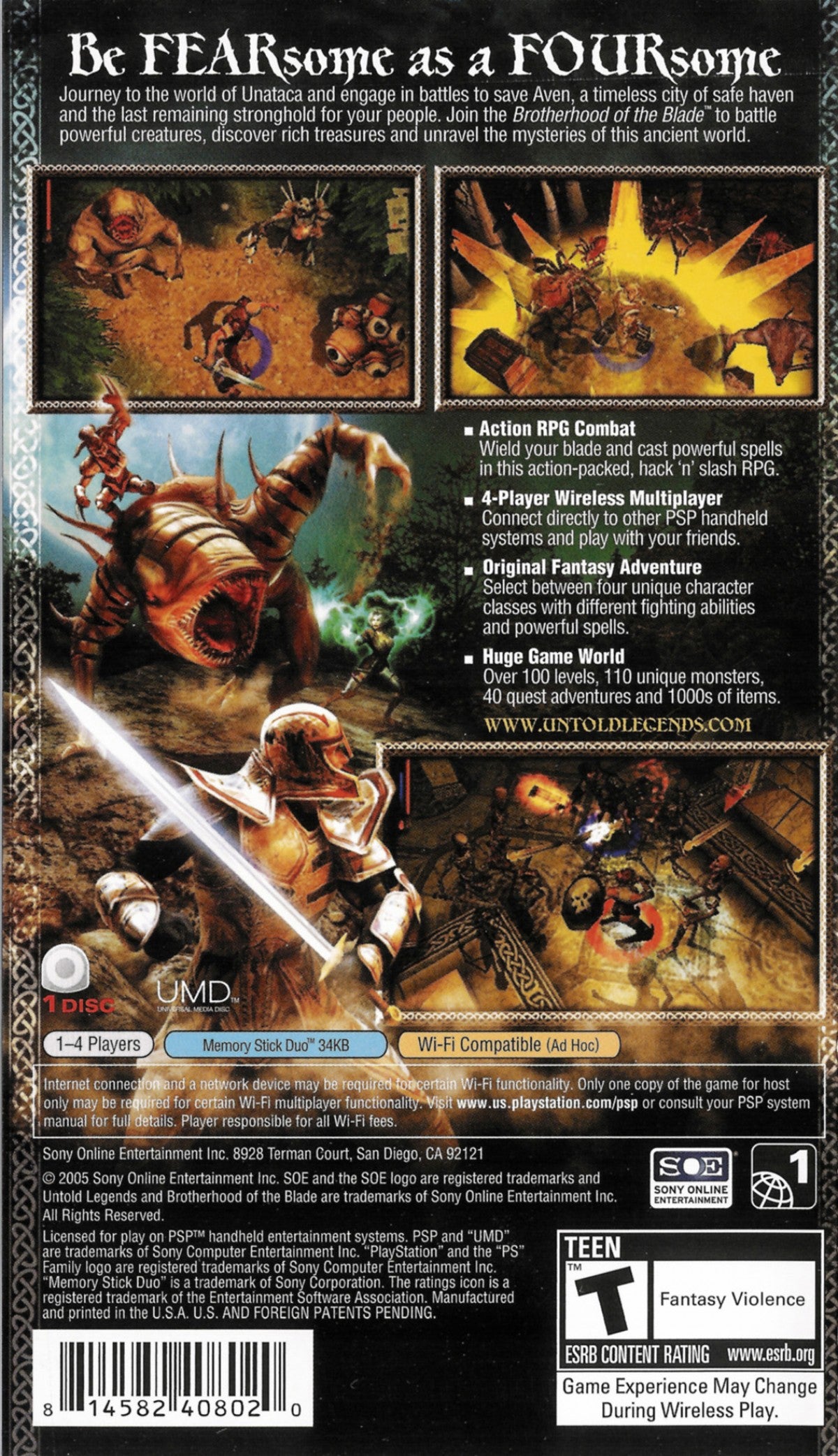 Untold Legends Brotherhood of the Blade PlayStation Portable PSP inspired design featuring fantasy action role playing adventure aesthetic dungeon crawling combat customizable character classes hack and slash gameplay medieval dark fantasy environments and portable RPG progression presentation back cover