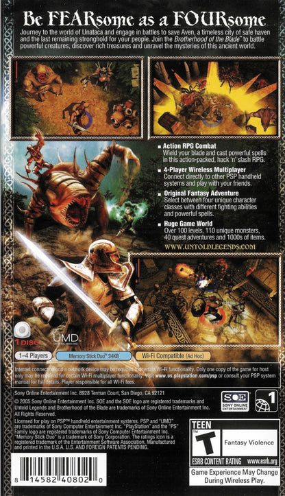 Untold Legends Brotherhood of the Blade PlayStation Portable PSP inspired design featuring fantasy action role playing adventure aesthetic dungeon crawling combat customizable character classes hack and slash gameplay medieval dark fantasy environments and portable RPG progression presentation back cover