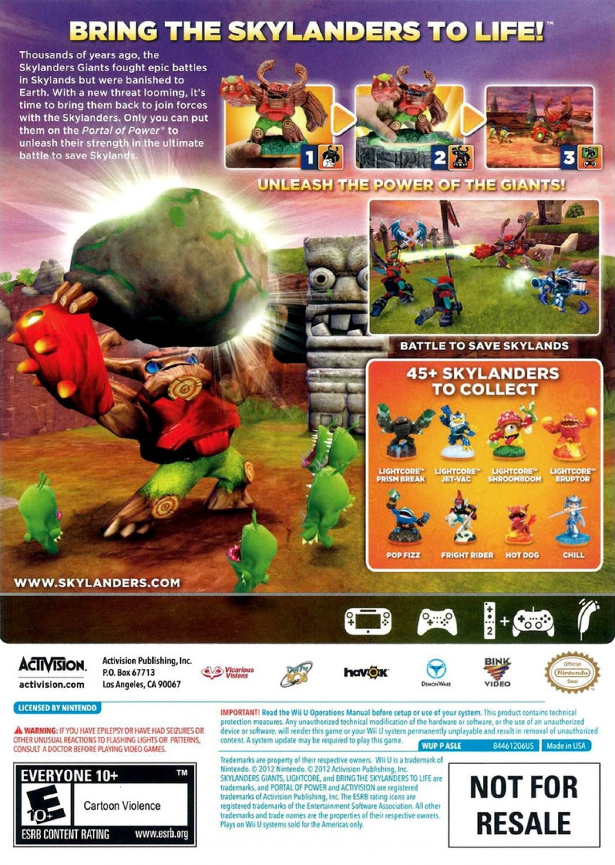 Skylanders Giants Nintendo Wii U game featuring toy to life gameplay, cooperative action adventure, and larger than life elemental characters back cover