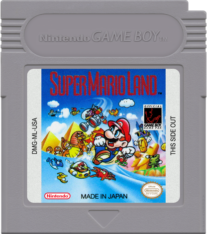 Super Mario Land Game Boy cartridge with colorful artwork and branding.