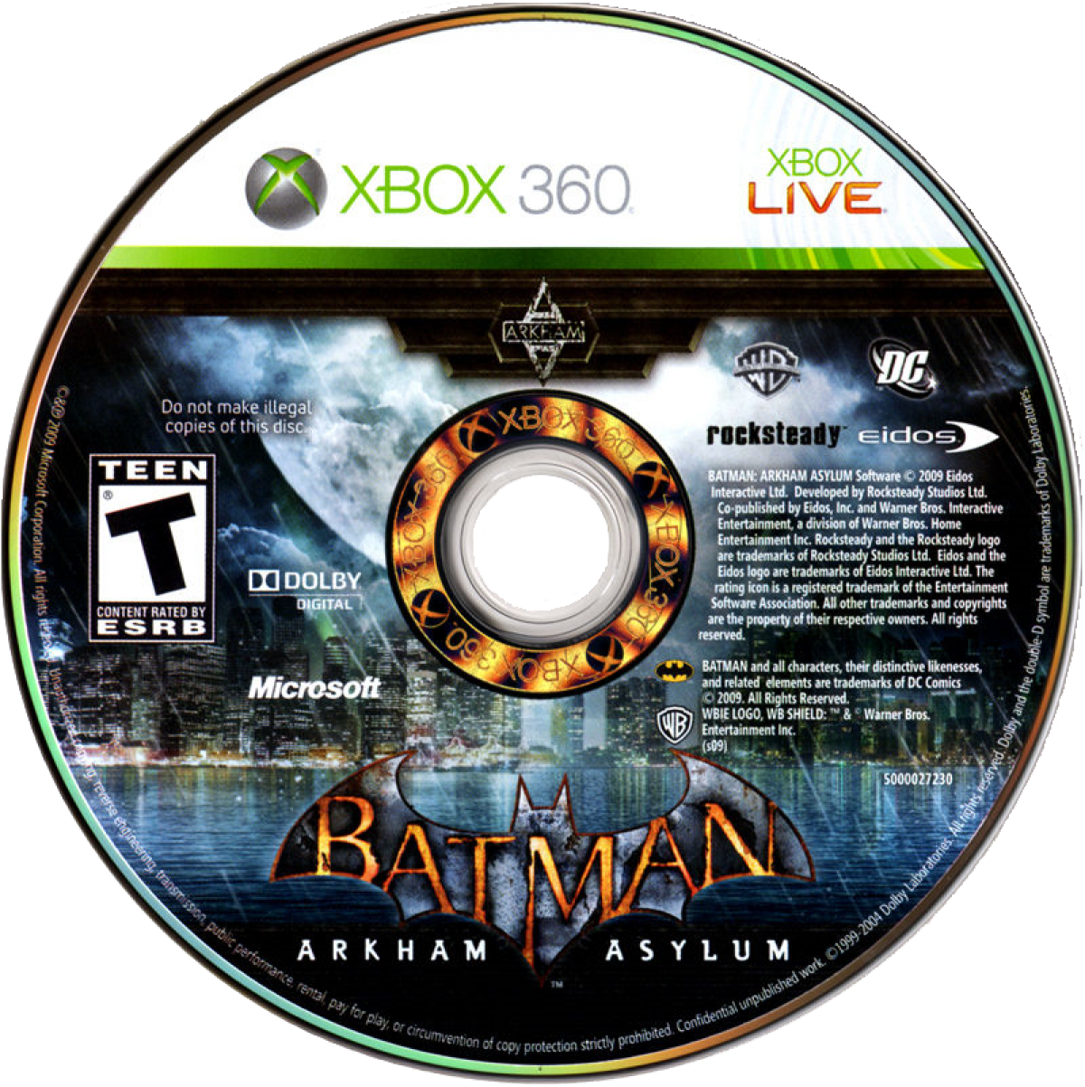 Retro Batman Arkham Asylum Xbox 360 inspired design featuring dark superhero action adventure aesthetic vintage HD era Gotham City atmosphere stealth combat predator gameplay Arkham Island asylum setting iconic DC Comics Batman experience nostalgic cinematic presentation disc