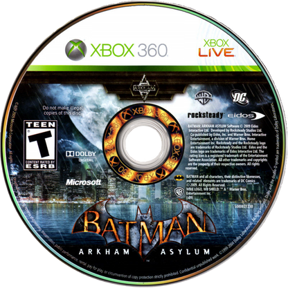 Retro Batman Arkham Asylum Xbox 360 inspired design featuring dark superhero action adventure aesthetic vintage HD era Gotham City atmosphere stealth combat predator gameplay Arkham Island asylum setting iconic DC Comics Batman experience nostalgic cinematic presentation disc