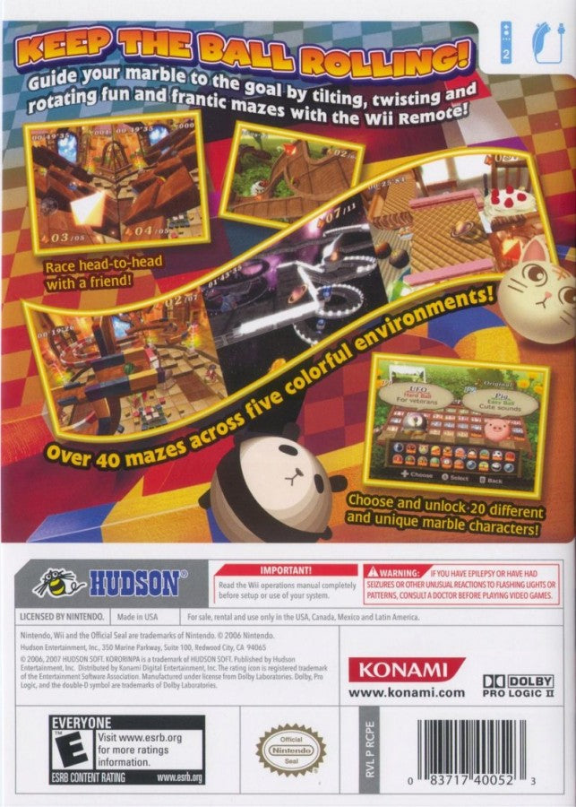 Kororinpa Marble Mania – Nintendo Wii (Wii) physics puzzle platformer video game back of case