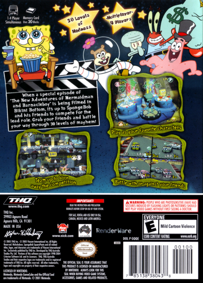 SpongeBob SquarePants Lights Camera Pants GameCube game featuring party-style minigame gameplay with classic SpongeBob characters back cover