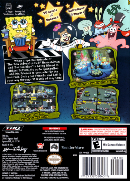 SpongeBob SquarePants Lights Camera Pants GameCube game featuring party-style minigame gameplay with classic SpongeBob characters back cover