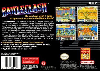 Battle Clash retro SNES video game Battle Clash sci fi mech combat light gun shooter futuristic robot battles arcade style action gameplay console title Super Nintendo release back of case