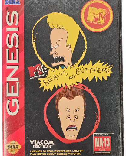 Beavis and Butt-Head Sega Genesis GEN video game featuring side scrolling action platforming gameplay iconic MTV animated characters Beavis and Butt-Head rock music inspired adventure humor filled missions suburban exploration enemy encounters object collecting obstacles and hazards outrageous cartoon antics comedy themed challenges and classic 16 bit Sega gaming retro video game collection collectible gaming appeal front cover art