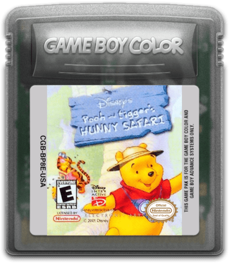 Disney’s Pooh and Tigger’s Hunny Safari for Game Boy Color, cartridge for an educational adventure video game with mini-games, exploration, puzzle-solving, and family-friendly gameplay