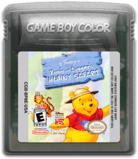 Disney’s Pooh and Tigger’s Hunny Safari for Game Boy Color, cartridge for an educational adventure video game with mini-games, exploration, puzzle-solving, and family-friendly gameplay
